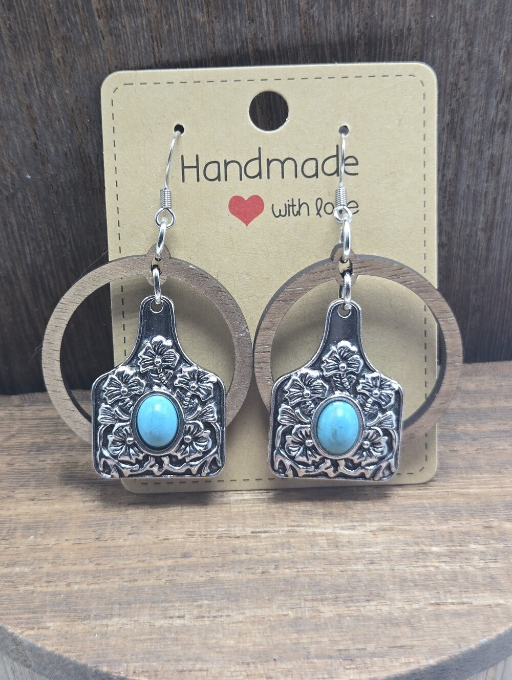 NWT Floral Cattle Tag Faux Turquoise Earrings Western Country Cowgirl Handmade